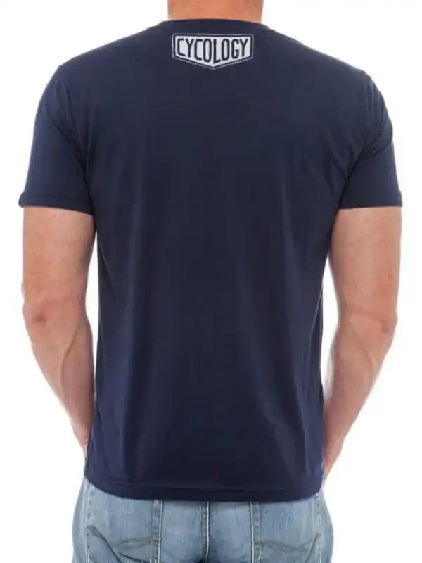 Men's navy cycling t-shirt with white Cycology logo on back, casual fit for active wear
