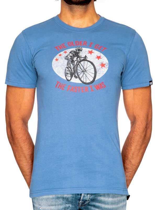 Men's blue cycling t-shirt with vintage cyclist graphic and 'The Older I Get The Faster I Was' slogan