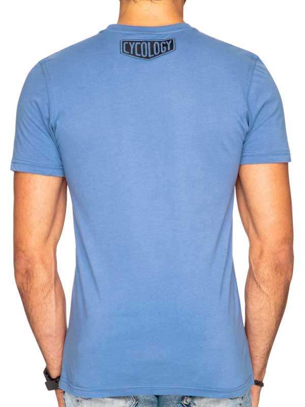 Men's blue cycling t-shirt with Cycology logo on back, casual fit for active wear