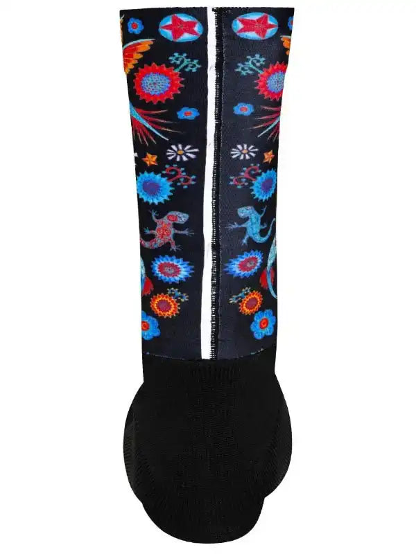 Colorful floral and lizard pattern cycling sock with black toe and heel, ideal for men's and women's bike rides.