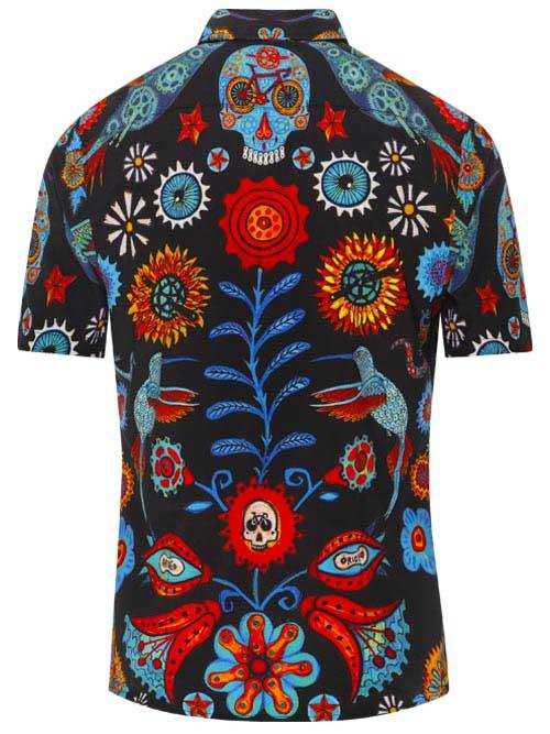 Men's cycling shirt with vibrant skull, floral, and bird print on black background