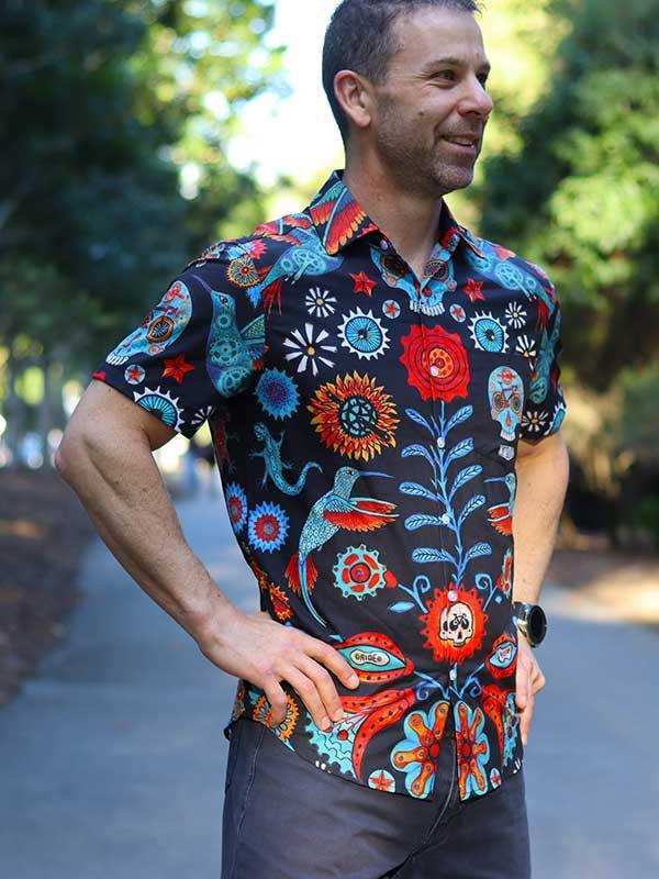 Men's colorful floral cycling shirt with skull and hummingbird print, short sleeve, outdoor wear