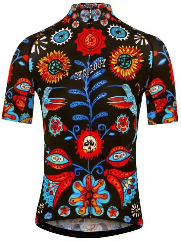 Vibrant floral and skull patterned cycling jersey with hummingbirds, ideal for men's or women's bike rides.