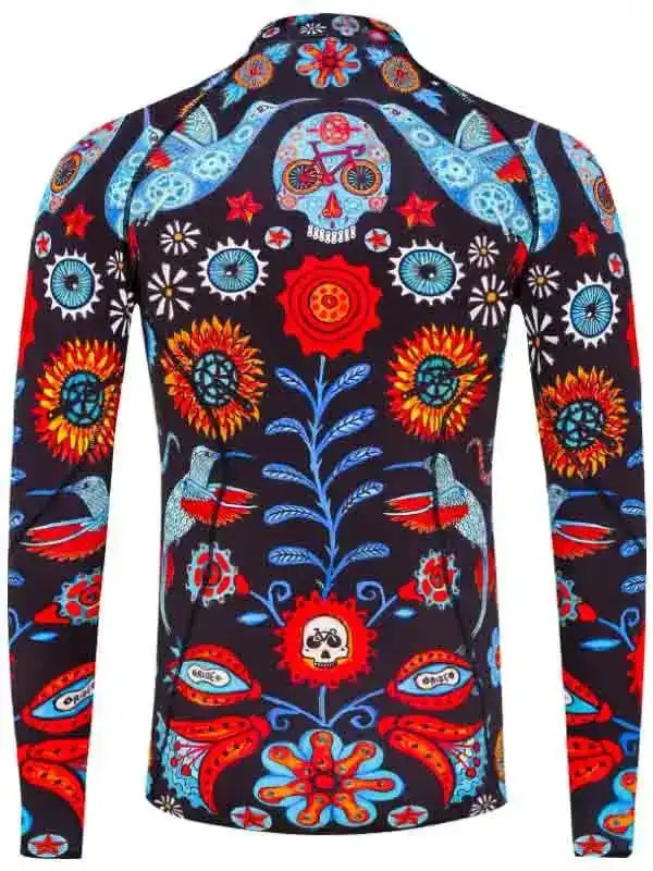 Men's long sleeve cycling jersey with vibrant Day of the Dead floral and skull print design
