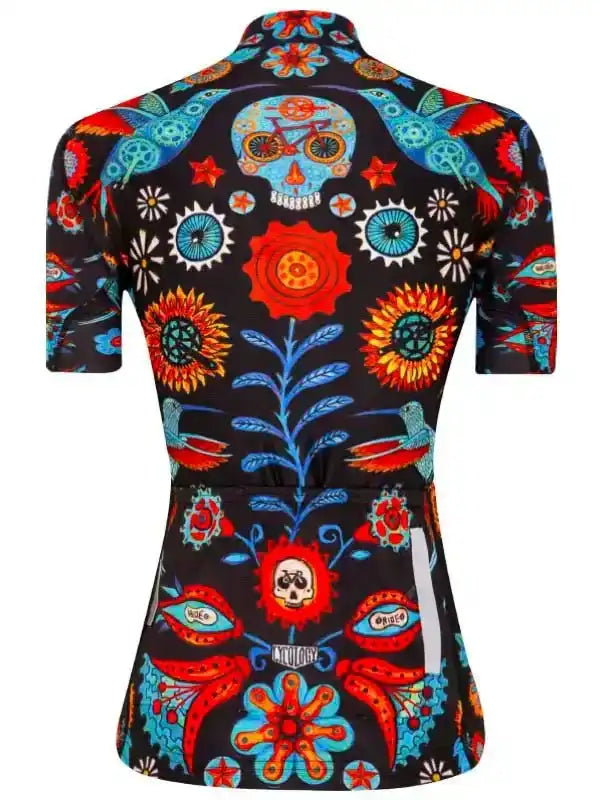 Women's cycling jersey with vibrant floral and skull print, short sleeves, performance fabric