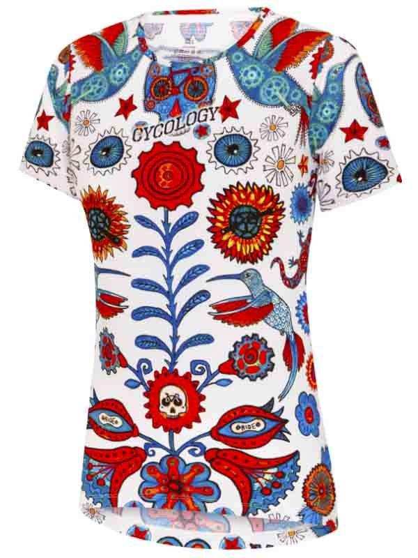 Women's cycling jersey with vibrant floral and bird print, featuring bold red, blue, and white patterns for active rides.