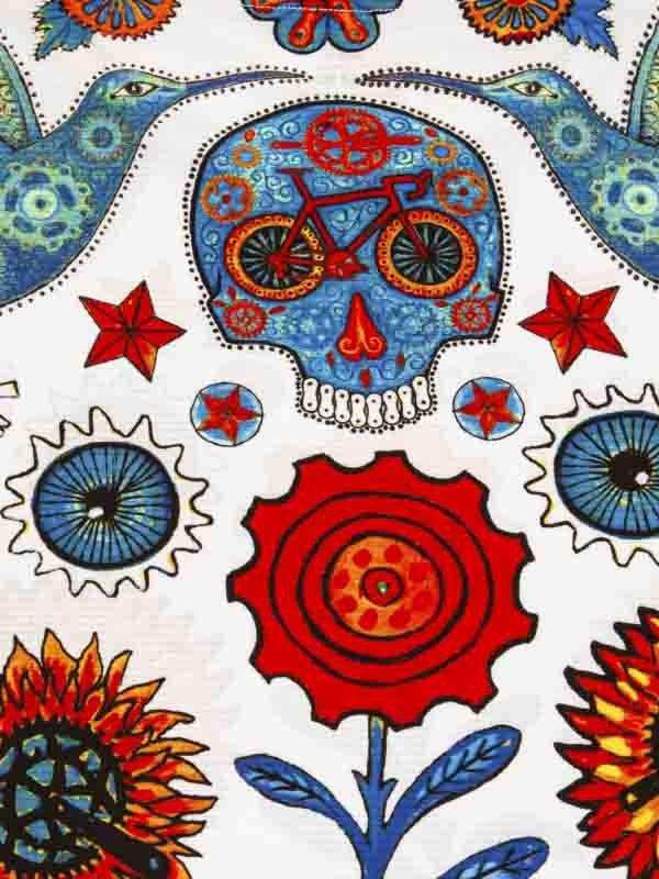 Vibrant cycling-themed fabric with skull, gears, birds, and sunflowers for men's and women's bike apparel