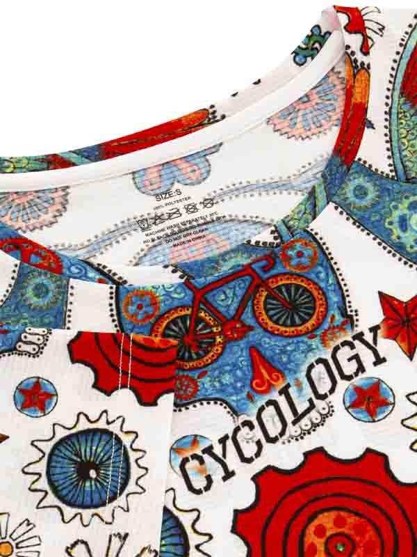 Cycling jersey with colorful gear and bike print, featuring 'CYCOLOGY' text and vibrant patterns for cyclists.