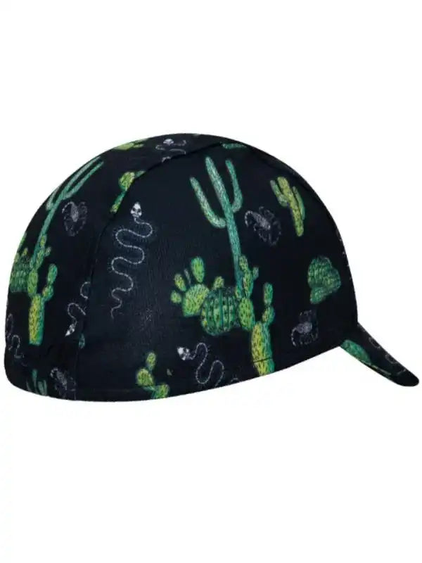 Black cycling cap with green cactus and snake print, ideal for men's and women's bike rides