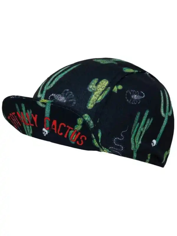 Black cycling cap with green cactus print and 'Totally Cactus' text, ideal for bike rides