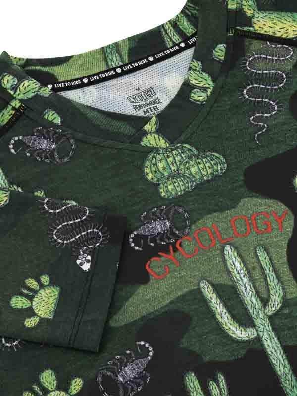Men's cycling jersey with cactus and scorpion print, green desert design, 'LIVE TO RIDE' neckband