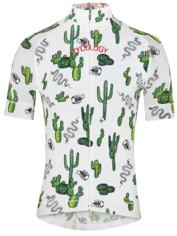 White cycling jersey with cactus and snake print, featuring 'CYCOLOGY' logo, ideal for men's and women's bike rides.