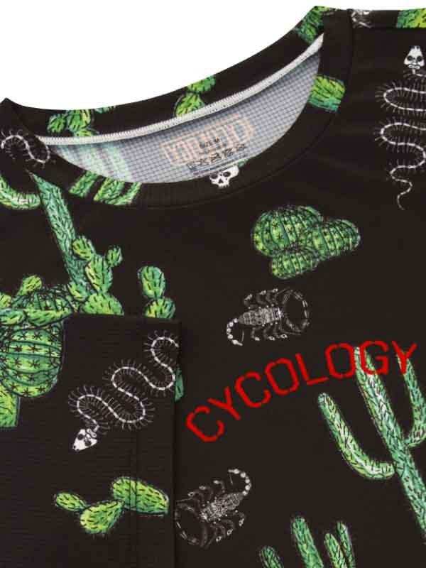 Black cycling jersey with cactus, snake, and scorpion print, red 'CYCOLOGY' text, ideal for men's and women's bike rides.