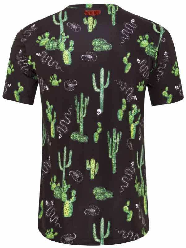Men's cycling jersey with cactus and snake print, black base, vibrant green desert design