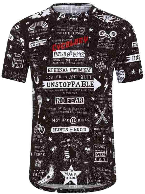 Black cycling jersey with bold white graphic print, motivational cycling quotes, and star patterns for men and women.