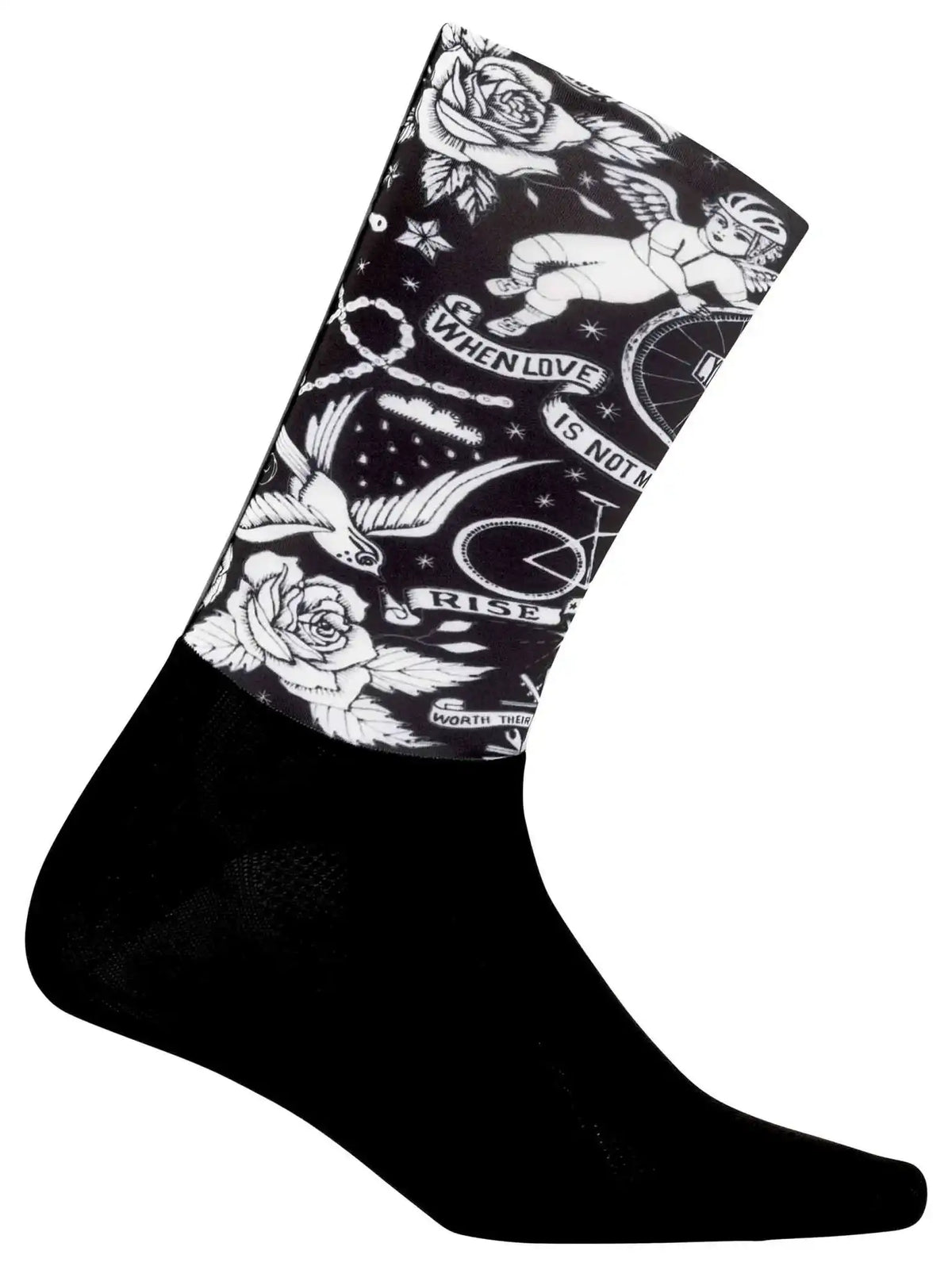 Black cycling sock with white tattoo-style design featuring roses, angel, bike, and 'When Love Is Not Worth Their Rise' text