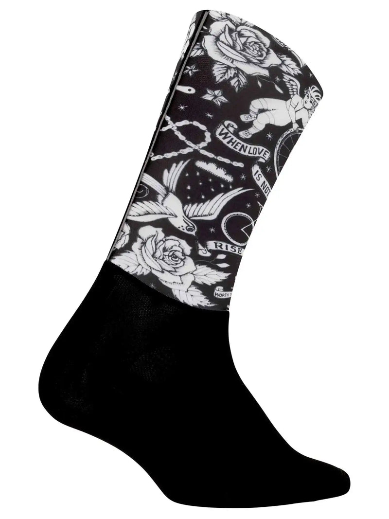 Black cycling sock with white tattoo-style roses, birds, and text design for men and women