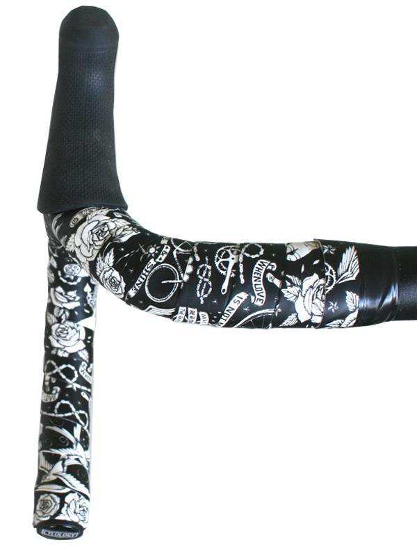 Black and white floral and bike graphic handlebar tape for road cycling