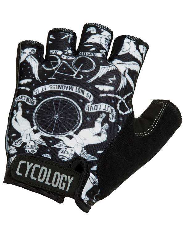 Cycology cycling glove with black and white graphic design, fingerless style for men and women