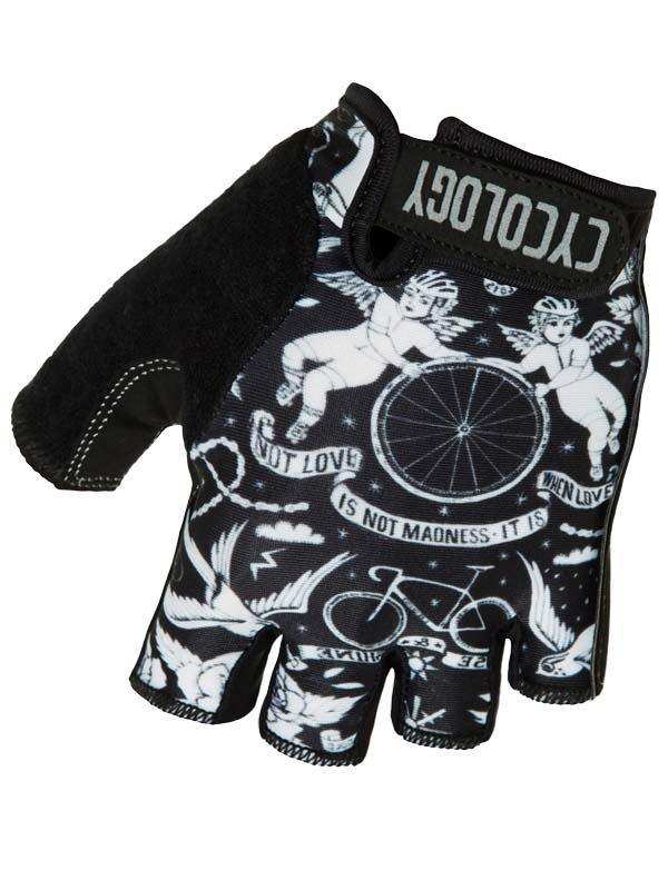 Black cycling gloves with white angel and bike print, fingerless design for men and women