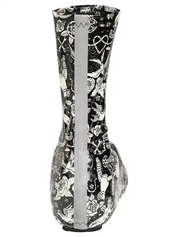 Black and white tattoo-style patterned cycling shoe cover with reflective stripe