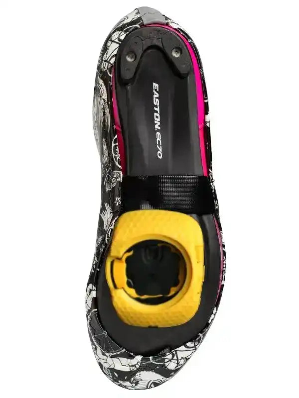 Easton EC70 cycling shoe sole with black white pattern, pink accents, yellow cleat area