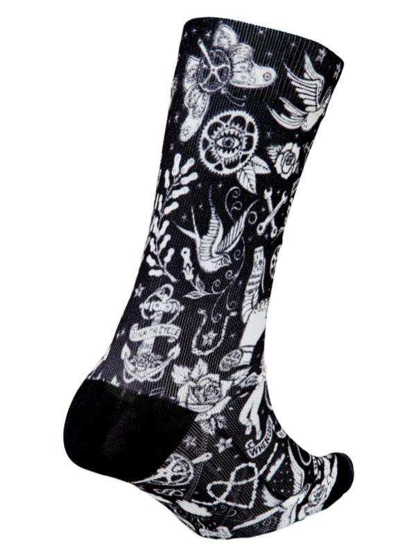 Black cycling sock with white tattoo-style graphics including birds, roses, and anchors for men and women