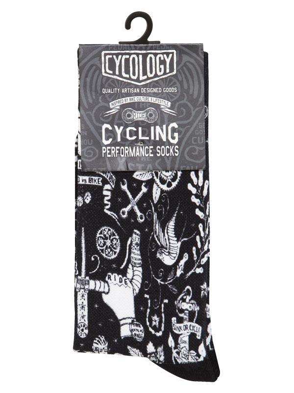 Cycling performance socks with tattoo-style graphics, ideal for bike culture enthusiasts