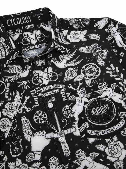 Black cycling shirt with white tattoo-style graphics, bikes, roses, and 'Happiness is a destination' text