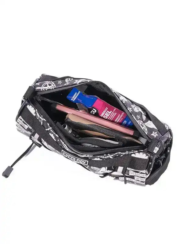 Cycology cycling waist bag with energy gels and tools, black and white patterned design for riders