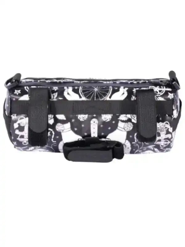 Black and white patterned cycling frame bag with straps and buckle for bike storage