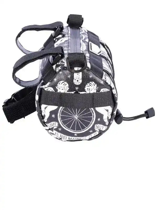 Black and white cycling frame bag with angel and wheel design, adjustable straps for bike mounting