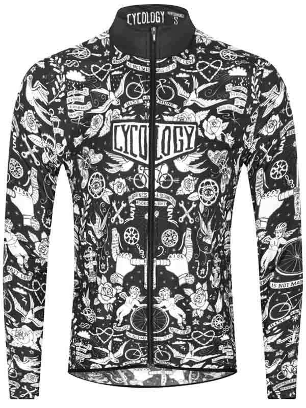 Men's black and white tattoo-style cycling jersey with full zip, featuring unique bike and angel designs for road cycling.