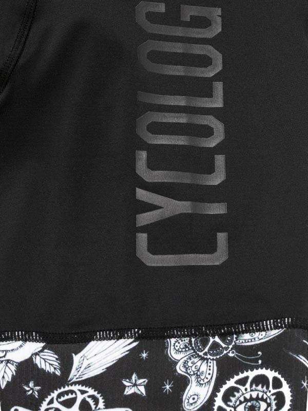 Black cycling jersey with 'CYCOLOG' text and white gear, butterfly, leaf pattern on hem