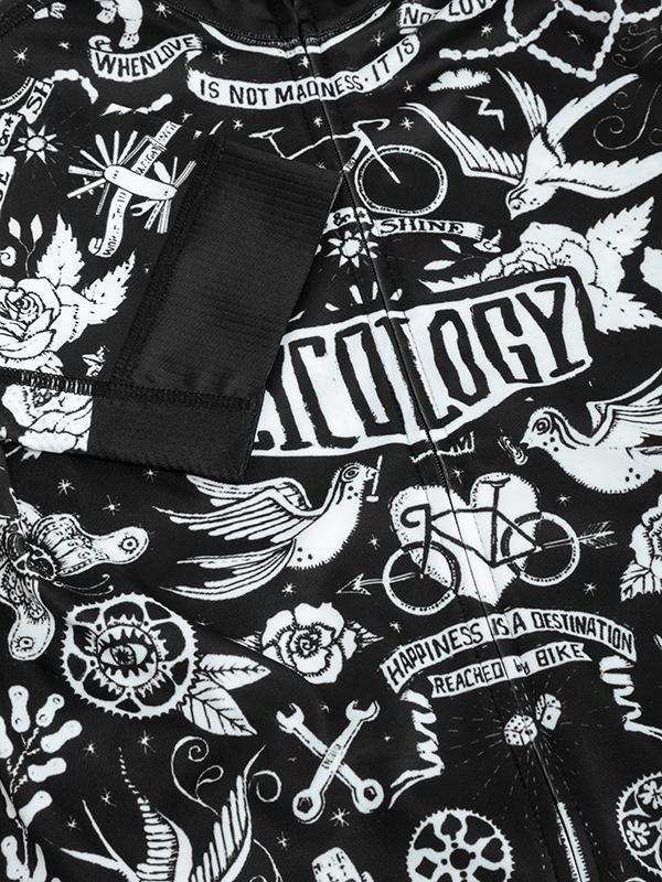 Black cycling jersey with white tattoo-style graphics, bikes, birds, and 'Cycology' text