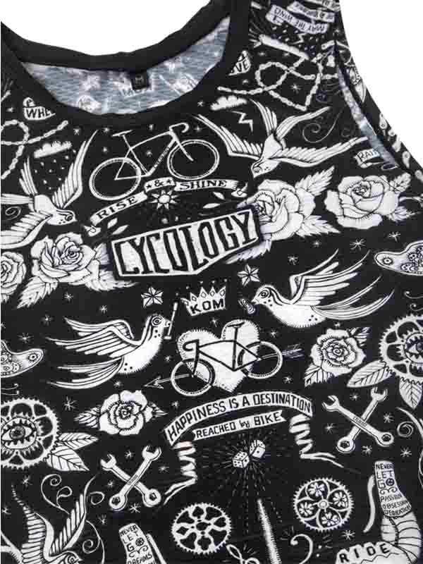 Black cycling tank top with white tattoo-style print featuring bikes, roses, birds, and 'Cycology' text
