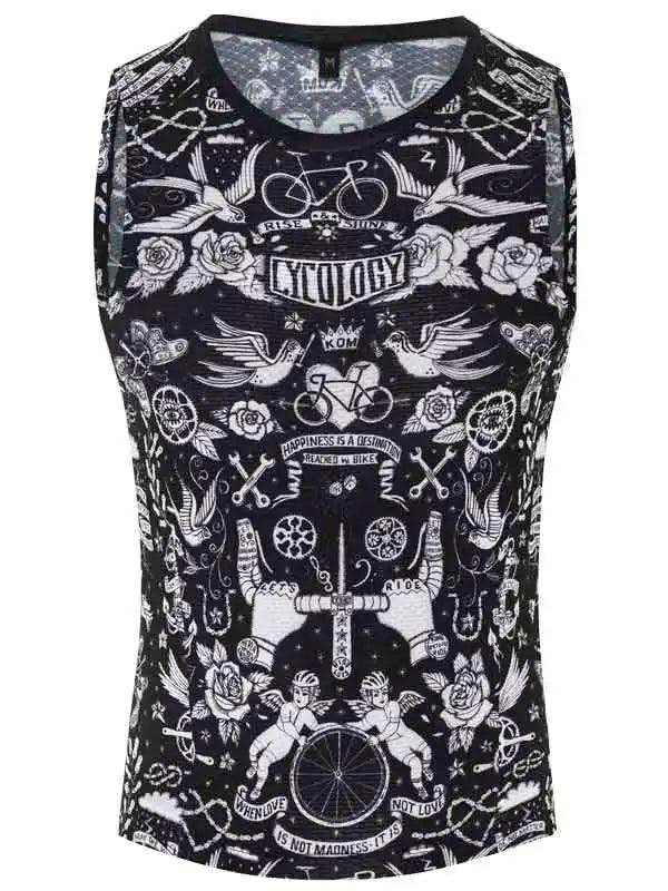 Black cycling tank top with white tattoo-style graphics, bikes, roses, and cycling quotes for men and women