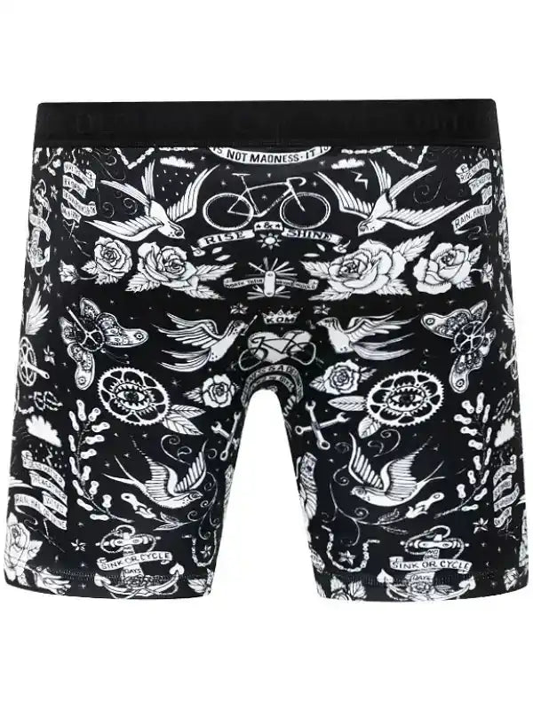 Black men's boxer briefs with white tattoo-style cycling graphics, roses, and birds