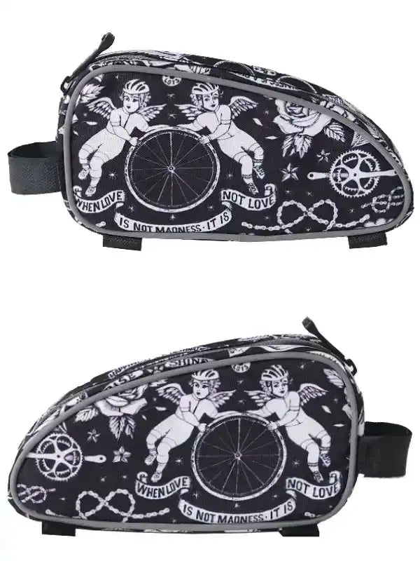 Black cycling frame bag with angel & bike wheel print, ideal for road bike storage