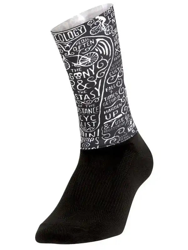 Black cycling sock with white bike-themed typography and motivational phrases for cyclists