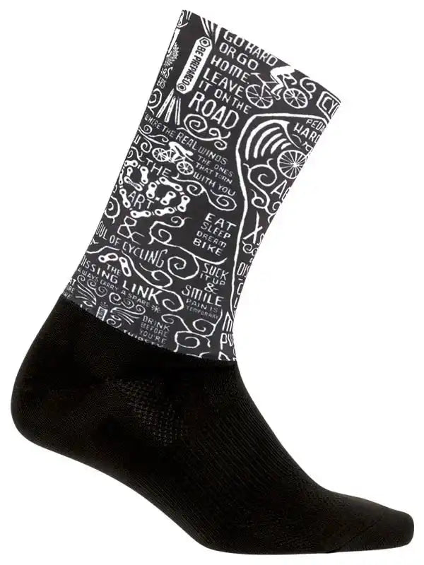 Black cycling sock with white bike-themed graphics and motivational phrases for road cyclists