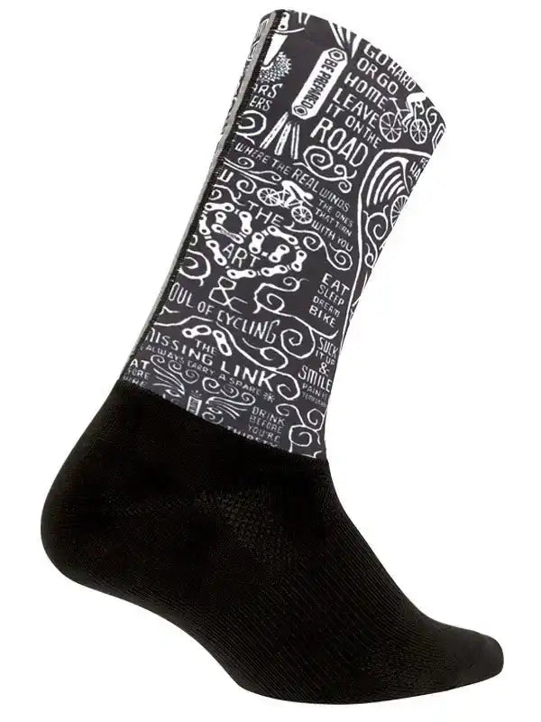 Black cycling sock with white cycling-themed graphics and text, ideal for road bike enthusiasts