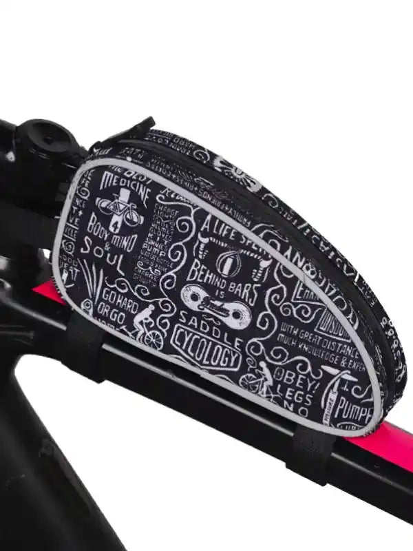 Black and white cycling frame bag with motivational quotes and bike graphics, attached to bike frame