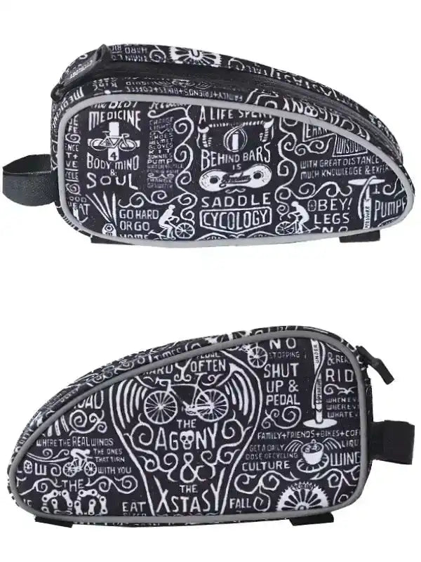 Black and white cycling saddle bag with bold typography and bike-themed graphics for road or mountain biking