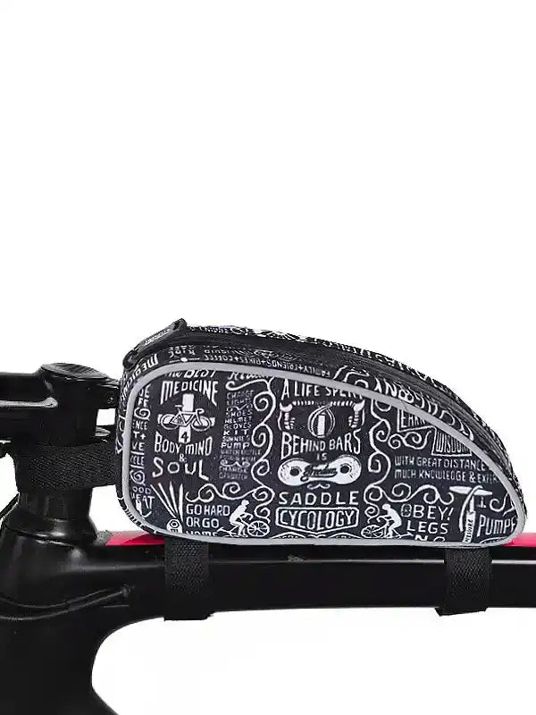 Black cycling frame bag with white motivational cycling quotes and graphics, mounted on bike frame