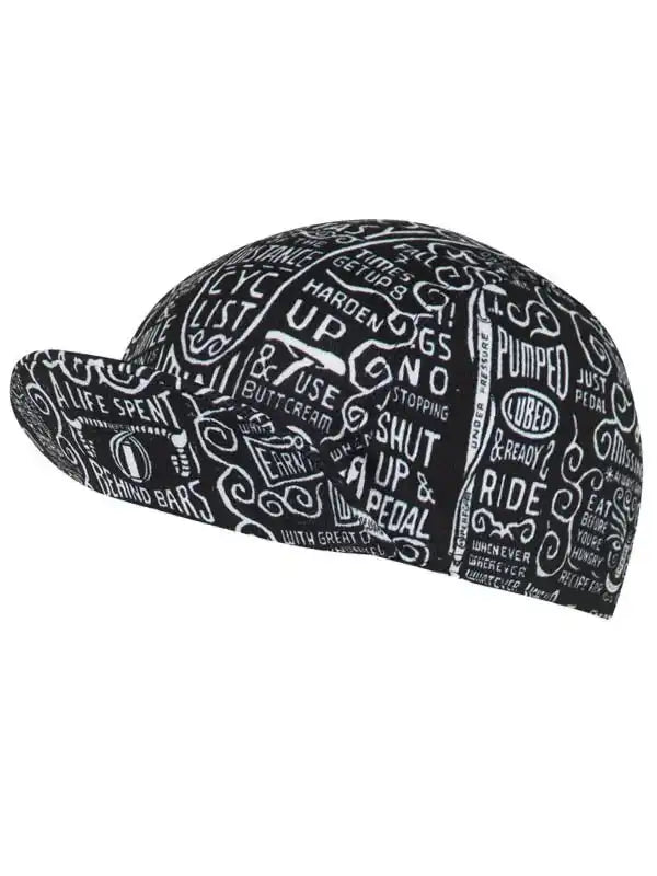 Black cycling cap with white cycling-themed text and graphics, ideal for road bike rides and outdoor adventures.