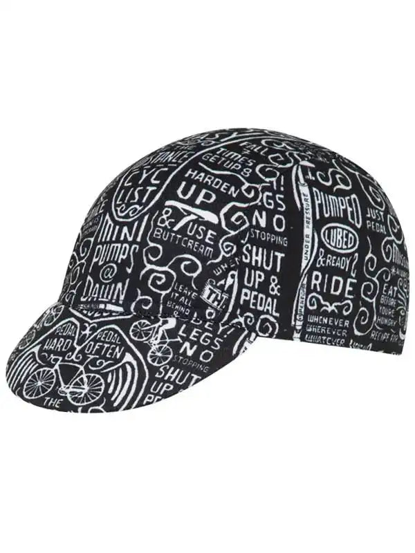 Black cycling cap with white cycling-themed text and bike graphics, ideal for road or mountain biking