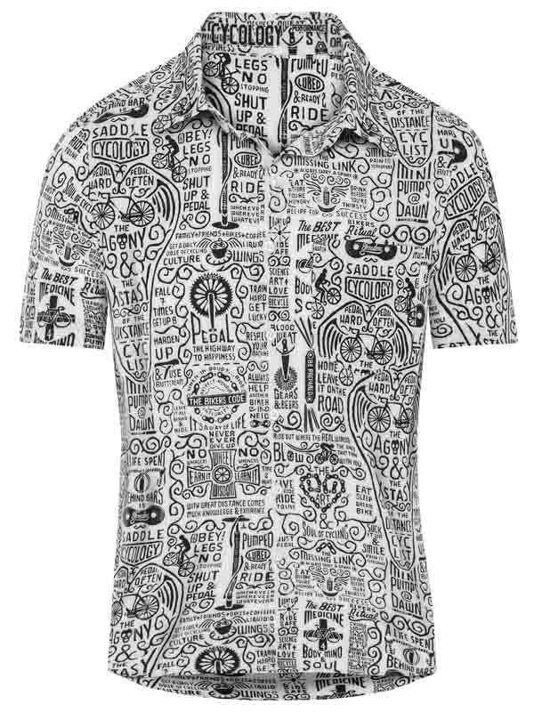 Men's cycling shirt with black and white doodle print featuring bike phrases and graphics