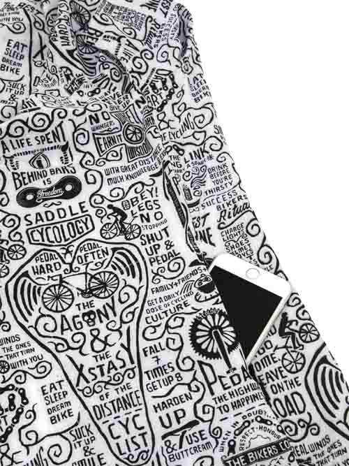 Black and white cycling jersey with bold typography, bike graphics, and motivational phrases for cyclists