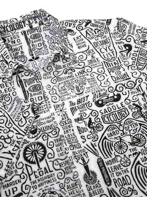Men's cycling shirt with bold black-and-white graphic print featuring bike-themed quotes and doodles